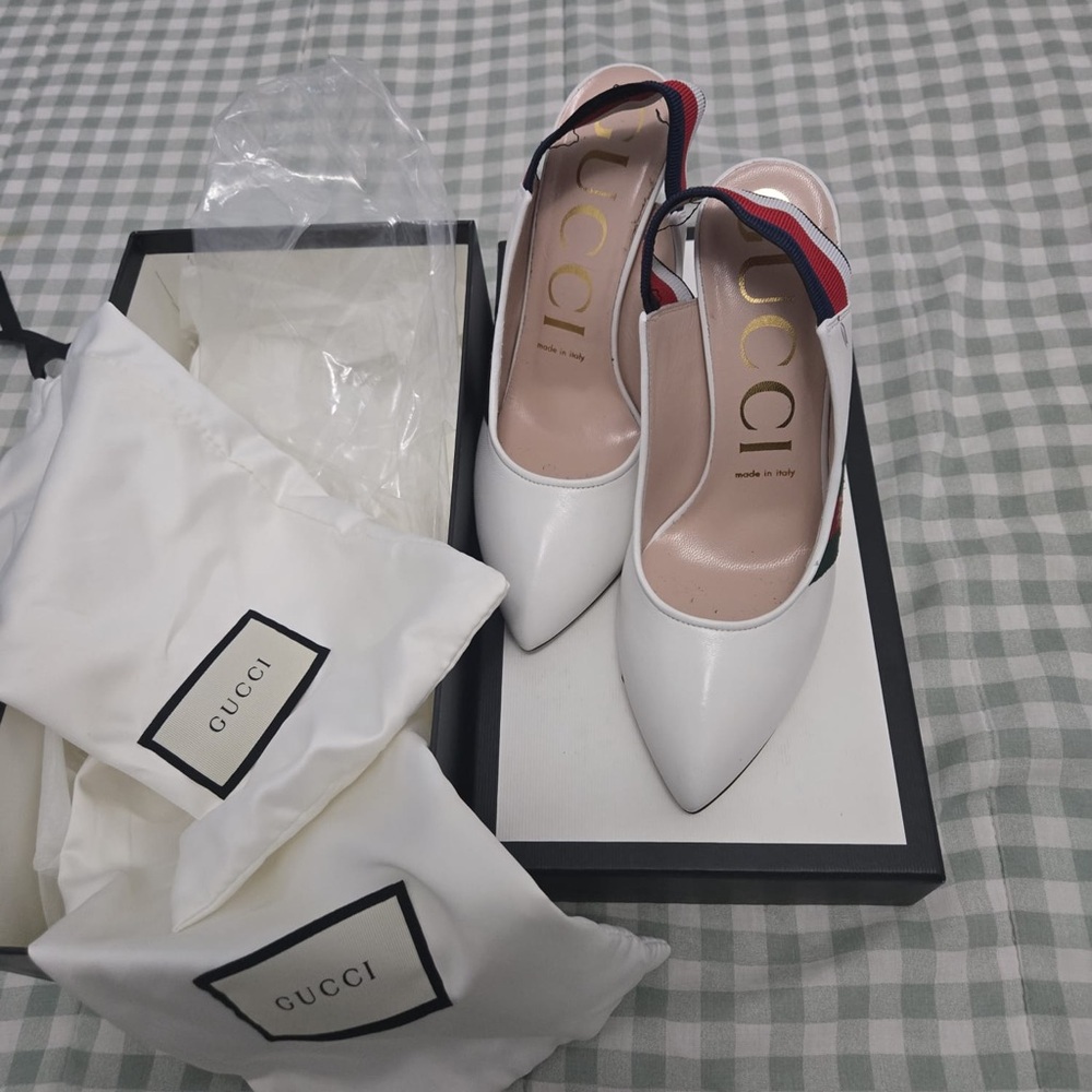 Gucci White Heels with Red and Blue Accents